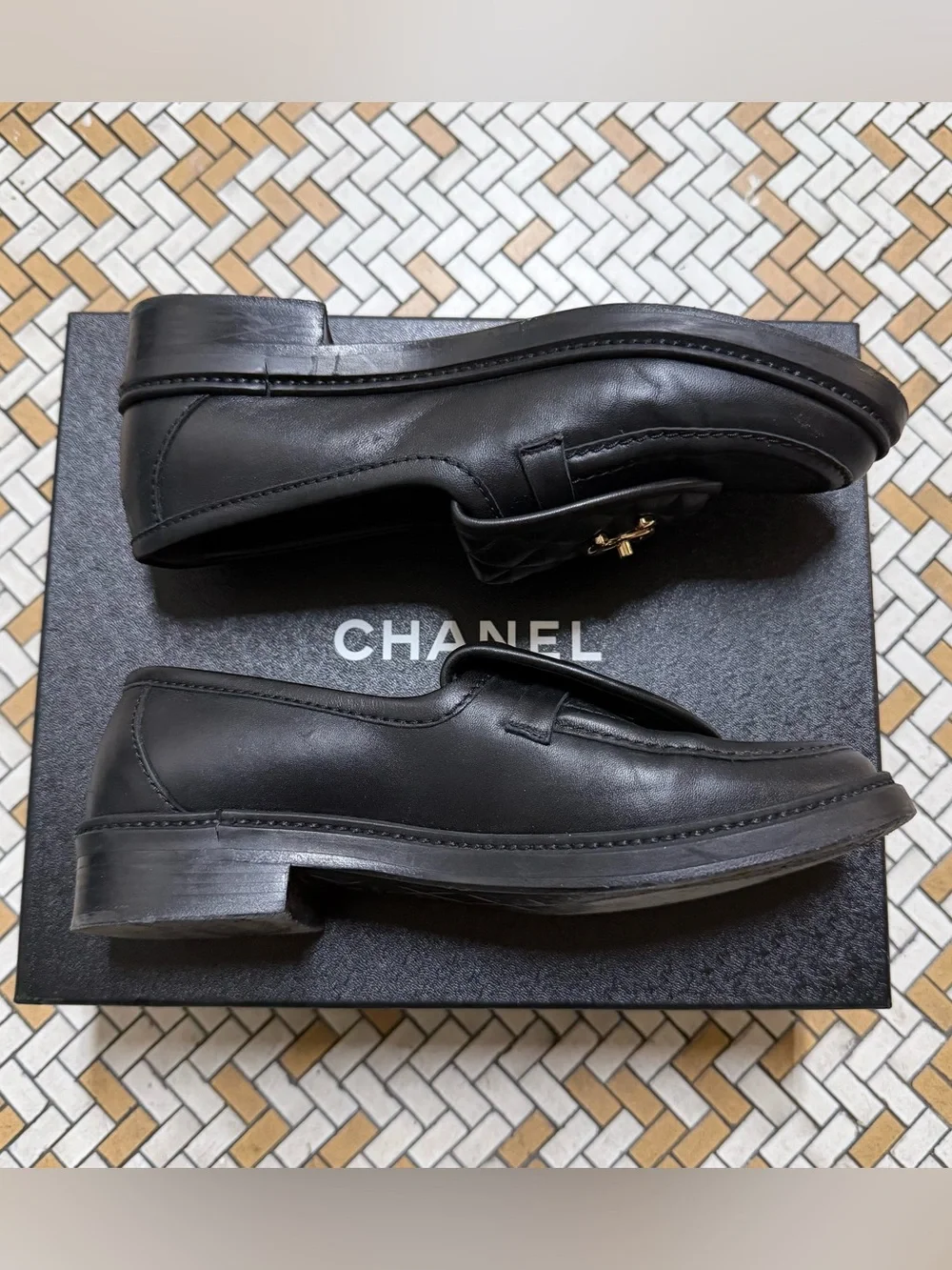 CHANEL Black Quilted Leather Loafers Gold CC Emblem